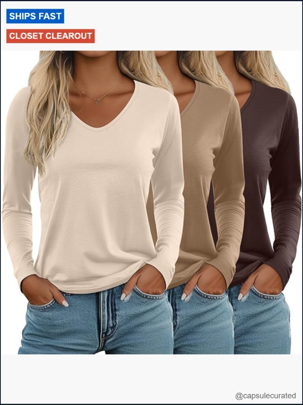 Women's Long Sleeve V-Neck Tees 3 Pack Loose Fit Basic Fall Tops